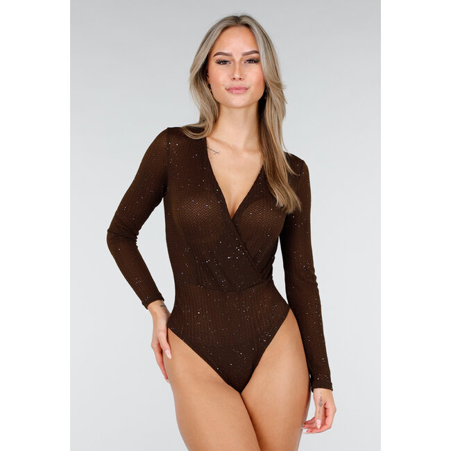 Brauner Glitzer-Body mit langen Ärmeln und V-Ausschnitt