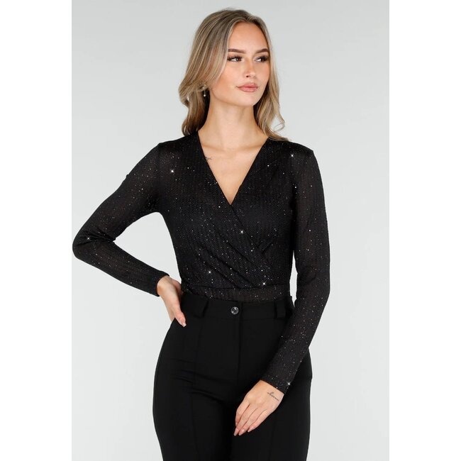 Schwarzer Glitzer-Body mit V-Ausschnitt und Überwurf