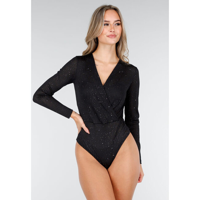Schwarzer Glitzer-Body mit V-Ausschnitt und Überwurf