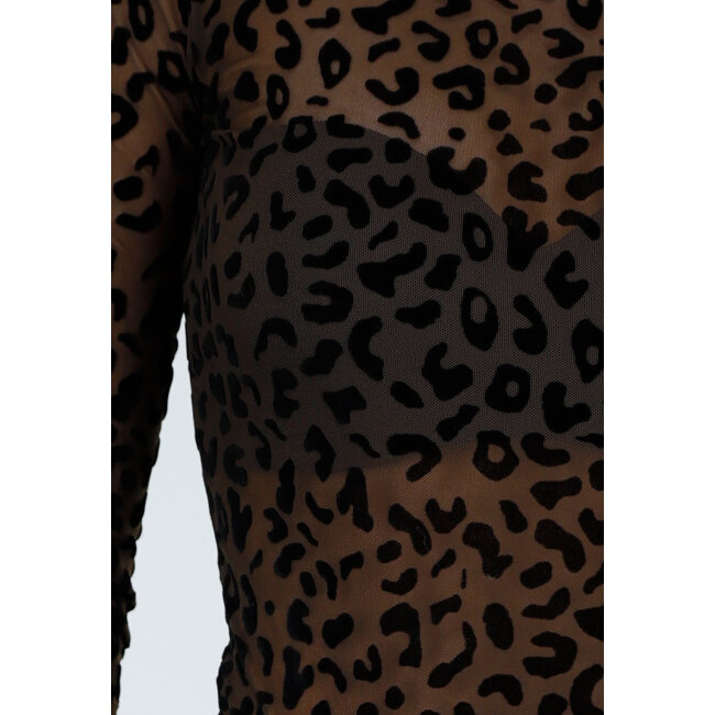 Brauner Mesh-Bodysuit mit schwarzem Leopardenmuster und Rollkragen