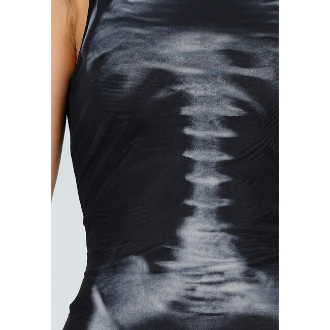 Schwarzes Halloween-Kleid aus Mesh mit Schlitz und Skalet-Print