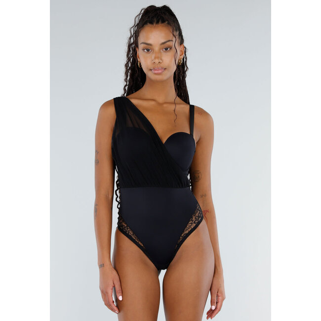 Schwarzer Lingerie-Mesh-Body mit einem Schulterträger und Spitzenakzenten