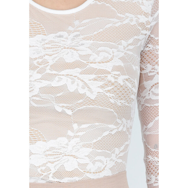 Weißer Spitzenbodysuit mit Stretch und beigem Unterstoff