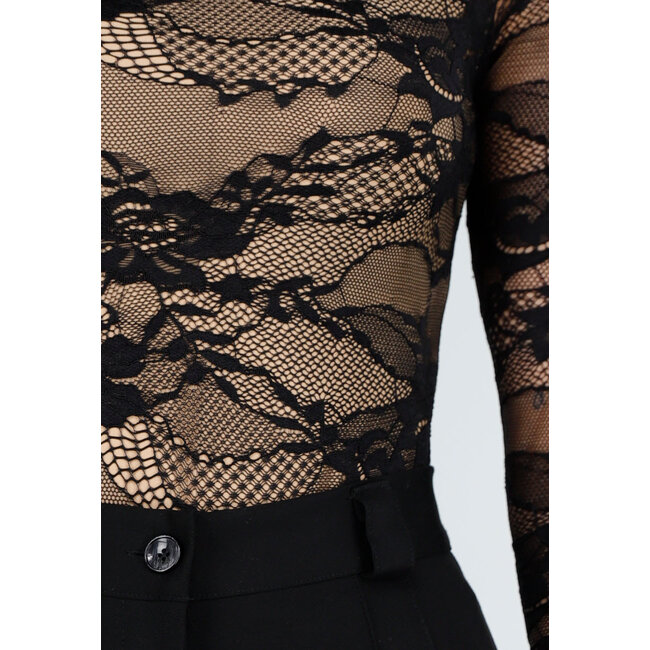 Schwarzer Spitzenbodysuit mit Stretch und beigem Unterstoff