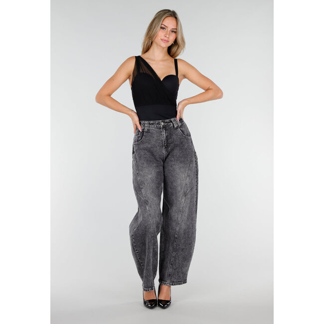 Graue Barrel Jeans mit Stonewashed-Look und hoher Taille