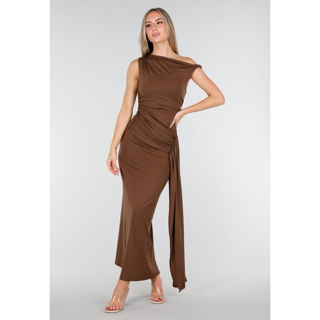 Braunes One-Shoulder-Maxikleid mit Drapierung und Stretch