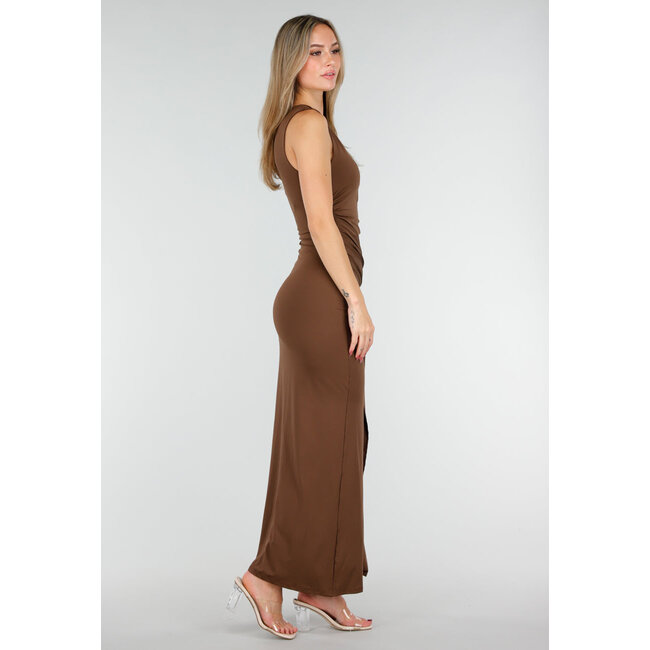 Braunes One-Shoulder-Maxikleid mit Drapierung und Stretch