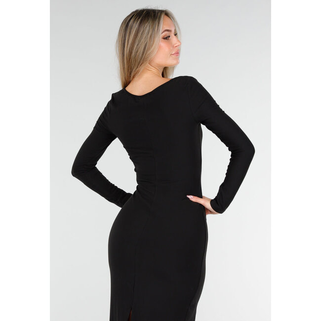 Schwarzes Maxikleid mit tiefem Ausschnitt und langen Ärmeln aus Stretchstoff