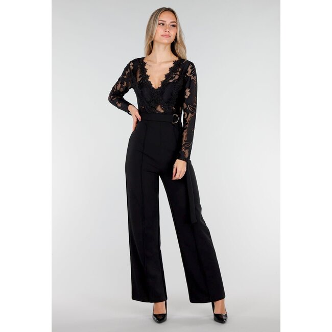 Schwarzer Spitzenjumpsuit mit V-Ausschnitt und Stretch