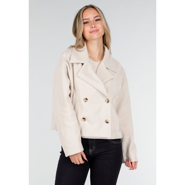 Beige Wolloptik Jacke mit doppelter Knopfleiste und breitem Reverskragen