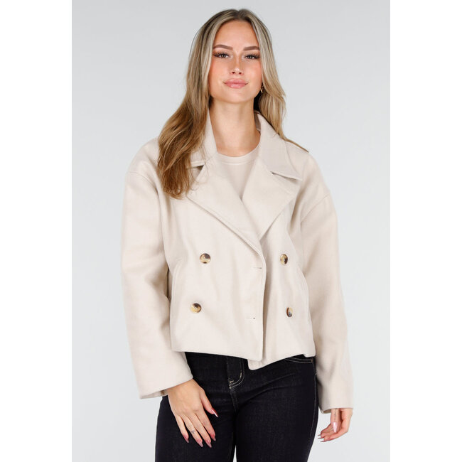 Beige Wolloptik Jacke mit doppelter Knopfleiste und breitem Reverskragen