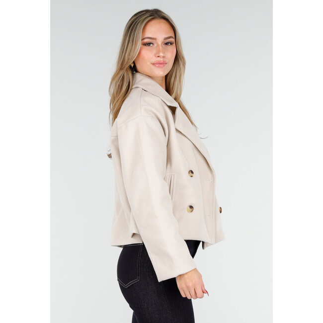 Beige Wolloptik Jacke mit doppelter Knopfleiste und breitem Reverskragen