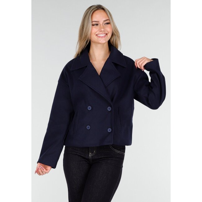Dark Blue Wool-Look Jacket with Double-Breasted Fastening and Wide Lapel Collar