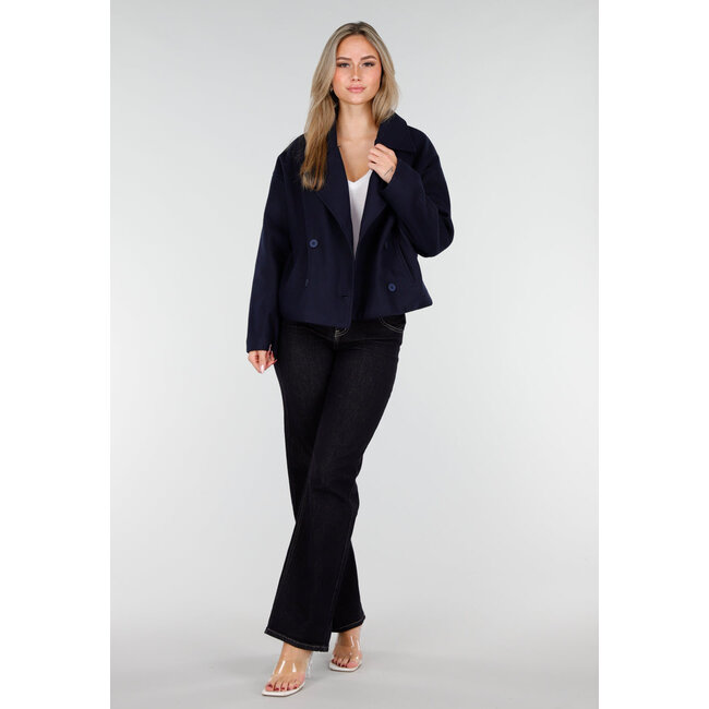 Dark Blue Wool-Look Jacket with Double-Breasted Fastening and Wide Lapel Collar