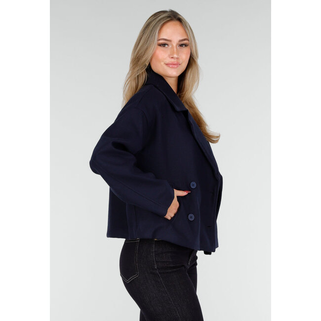 Dark Blue Wool-Look Jacket with Double-Breasted Fastening and Wide Lapel Collar