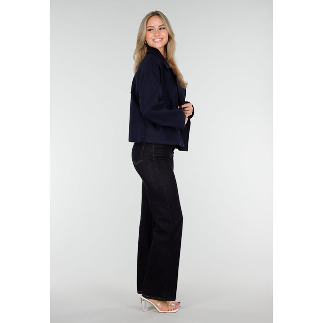Dark Blue Wool-Look Jacket with Double-Breasted Fastening and Wide Lapel Collar