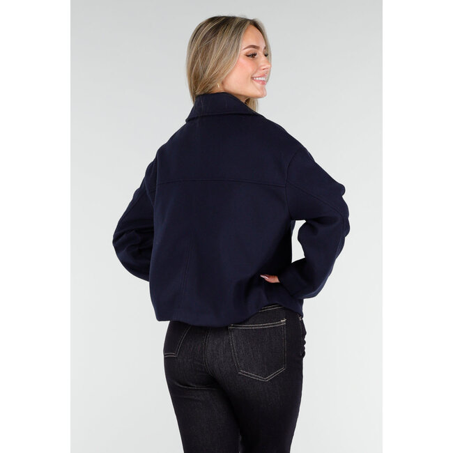 Dark Blue Wool-Look Jacket with Double-Breasted Fastening and Wide Lapel Collar