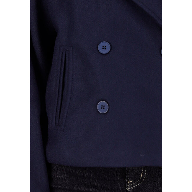 Dark Blue Wool-Look Jacket with Double-Breasted Fastening and Wide Lapel Collar