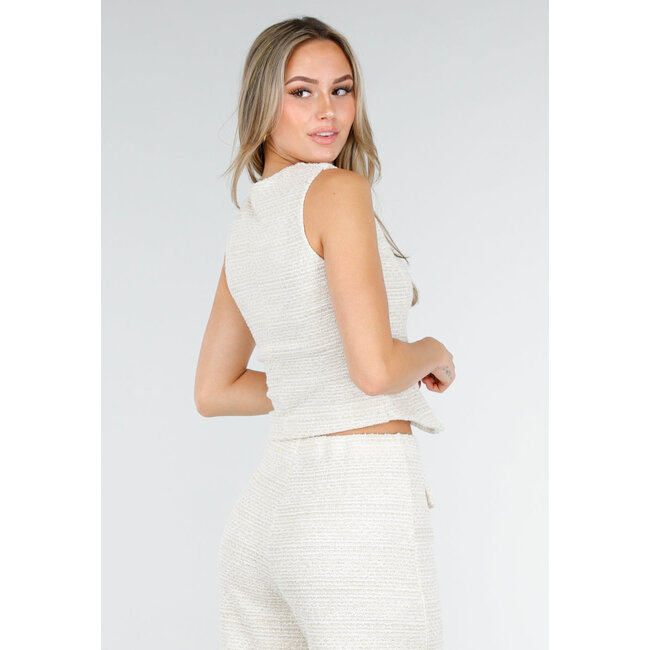 Beiges zweiteiliges Set mit Weste und Hose mit goldenen Knöpfen