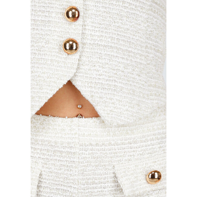 Beiges zweiteiliges Set mit Weste und Hose mit goldenen Knöpfen