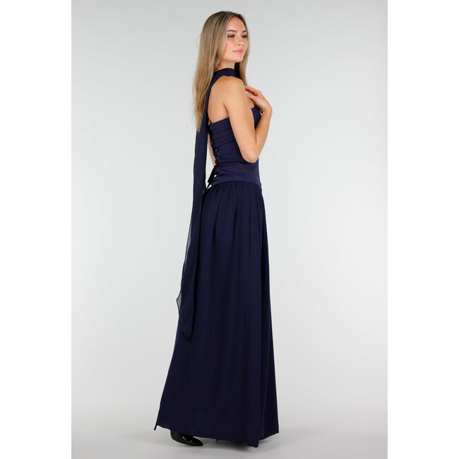 Dunkelblaues trägerloses Maxi-Stretchkleid mit Schlitz und Halstuch