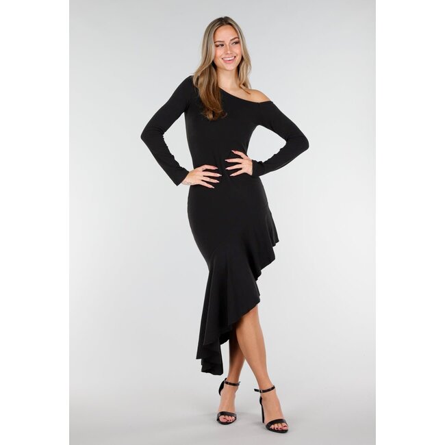 Schwarzes One-Shoulder-Maxikleid mit asymmetrischem Saum und Stretchanteil