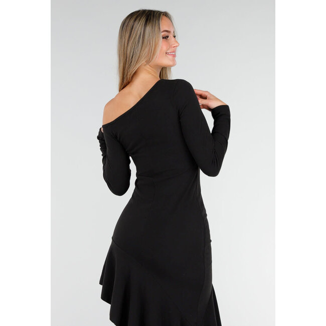 Schwarzes One-Shoulder-Maxikleid mit asymmetrischem Saum und Stretchanteil