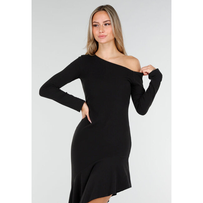 Schwarzes One-Shoulder-Maxikleid mit asymmetrischem Saum und Stretchanteil
