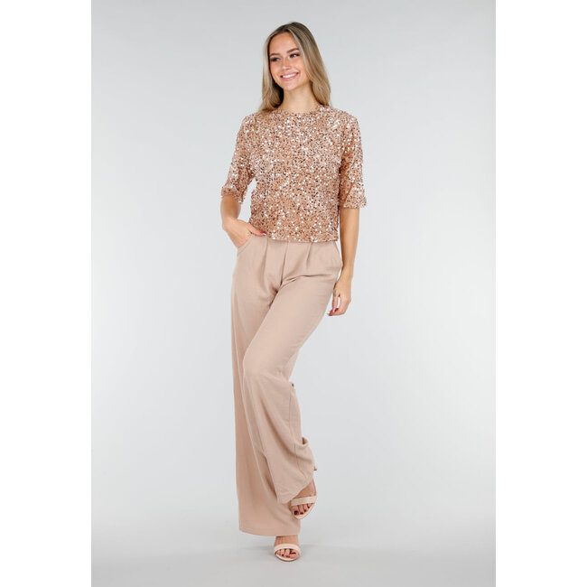 Beige Pailletten Top mit kurzen Ärmeln und Rundhalsausschnitt