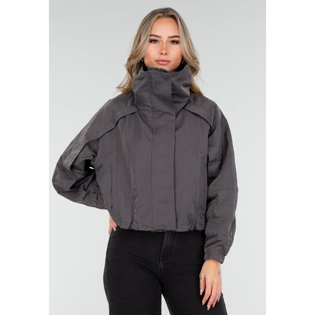 Dark Grey Short Jacket with Zip and Snap Button Closure