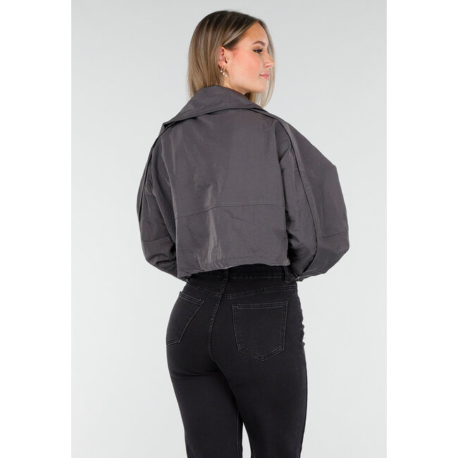 Dark Grey Short Jacket with Zip and Snap Button Closure