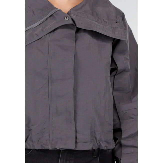 Dark Grey Short Jacket with Zip and Snap Button Closure