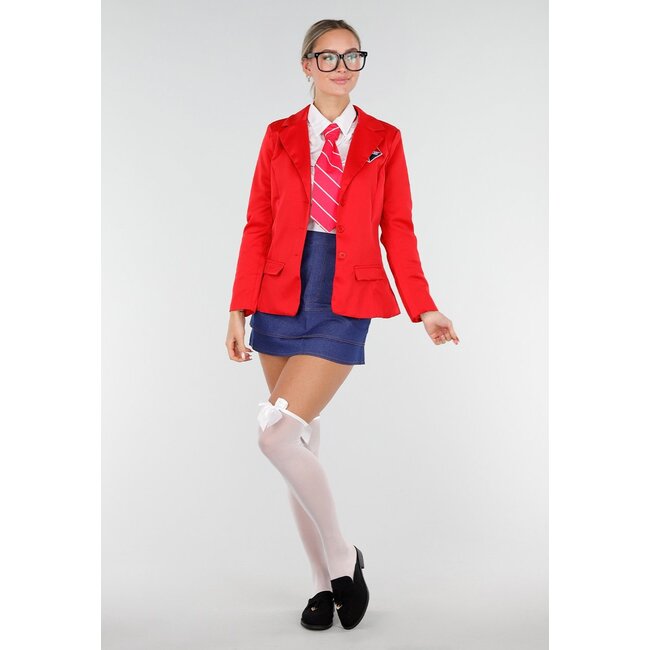 Schulmädchen-Uniformkostüm mit rotem Blazer und Krawatte