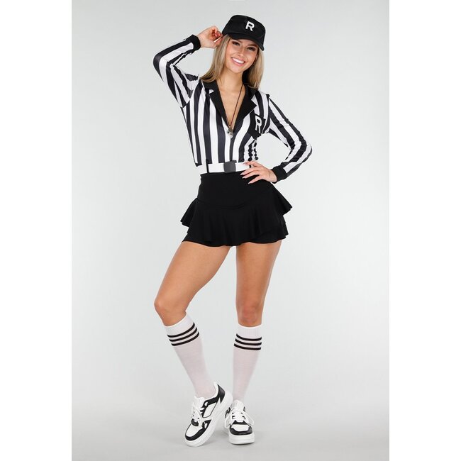 Schiedsrichterkostüm mit schwarz-weiß gestreiftem Stretch-Bodysuit
