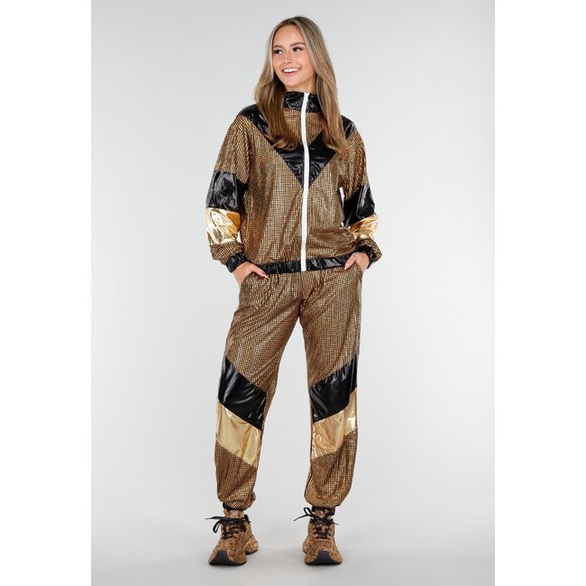 Gold-schwarzes Gabber-Anzug mit Retro-Glanz und sportlichem Stretch