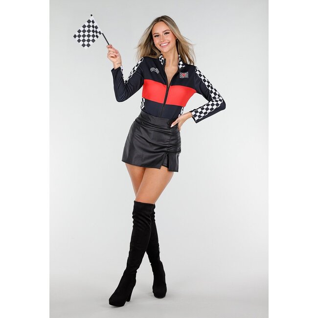 Rennanzug mit rot-schwarzem Bodysuit Kariertes Rennmuster mit Stretch
