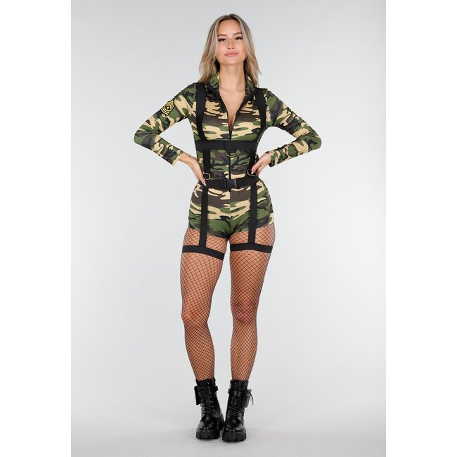 Camouflage-Armeekostüm mit Gürteldetails und Stretch