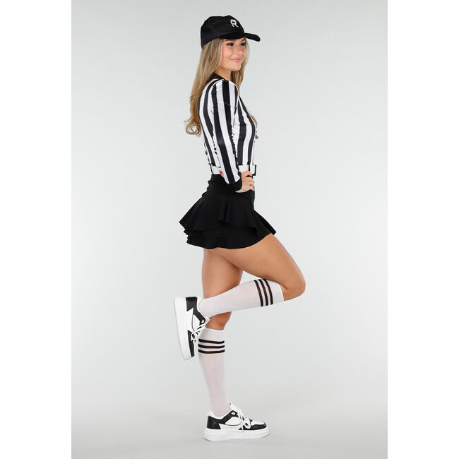 Schiedsrichterkostüm mit schwarz-weiß gestreiftem Stretch-Bodysuit