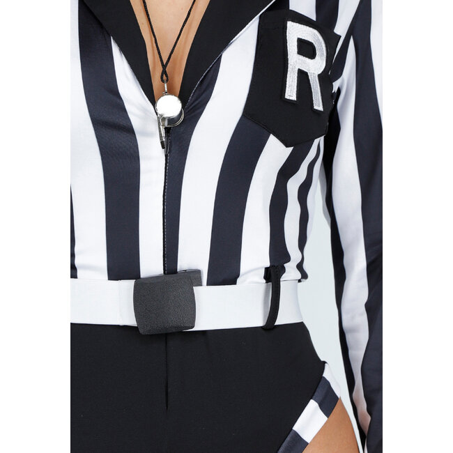 Schiedsrichterkostüm mit schwarz-weiß gestreiftem Stretch-Bodysuit