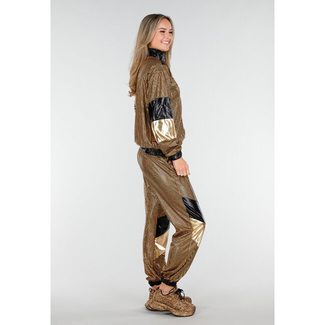 Gold-schwarzes Gabber-Anzug mit Retro-Glanz und sportlichem Stretch
