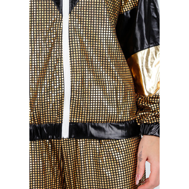Gold-schwarzes Gabber-Anzug mit Retro-Glanz und sportlichem Stretch