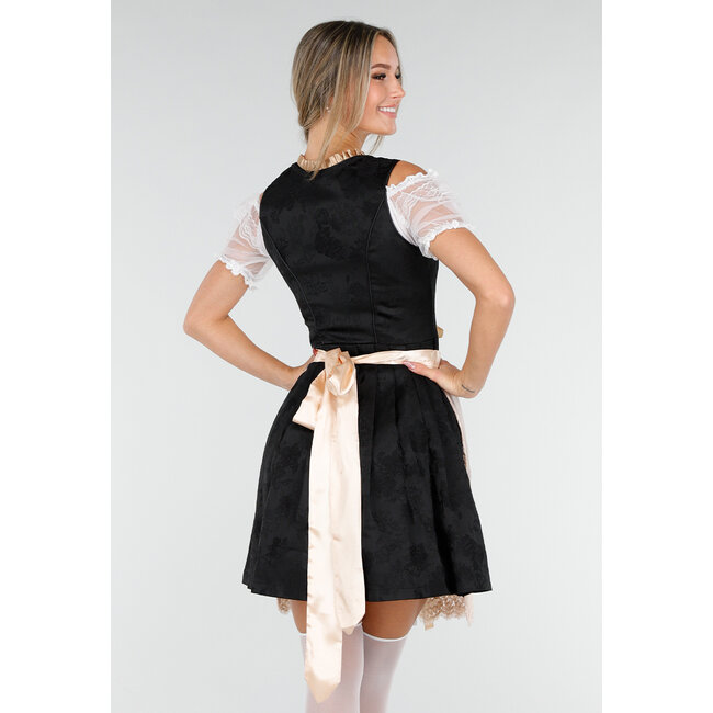 Schwarzes Oktoberfest-Kleid mit Spitzenkrawatte und beigem Schürzchen