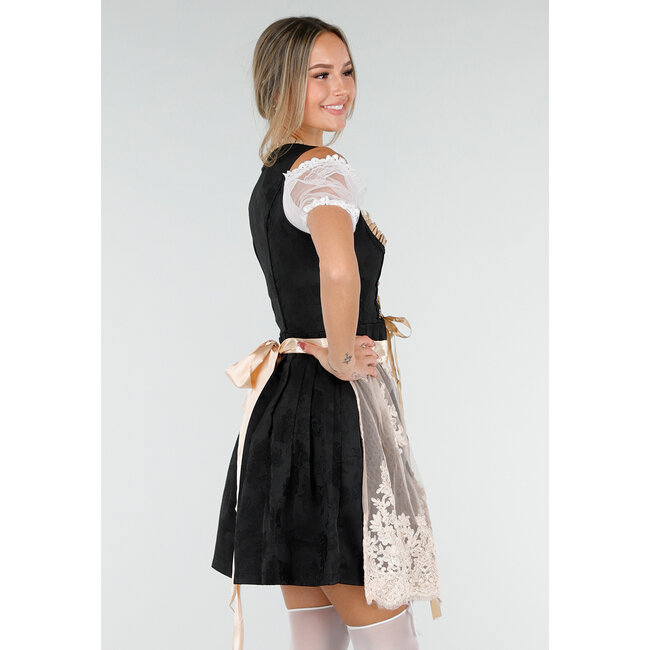 Schwarzes Oktoberfest-Kleid mit Spitzenkrawatte und beigem Schürzchen