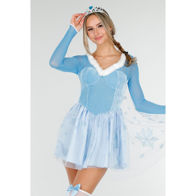 Eisprinzessin-Kostüm mit blauem Kleid, Schneeflocken-Umhang und Stretch