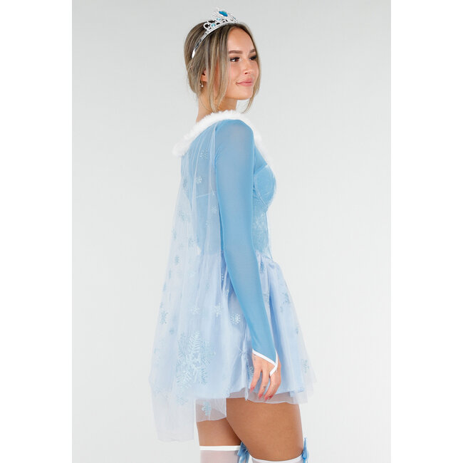 Eisprinzessin-Kostüm mit blauem Kleid, Schneeflocken-Umhang und Stretch