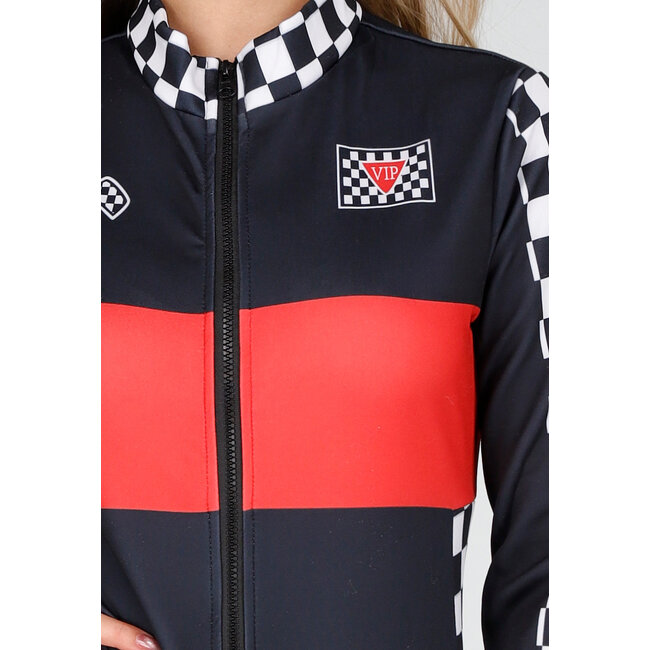 Rennanzug mit rot-schwarzem Bodysuit Kariertes Rennmuster mit Stretch