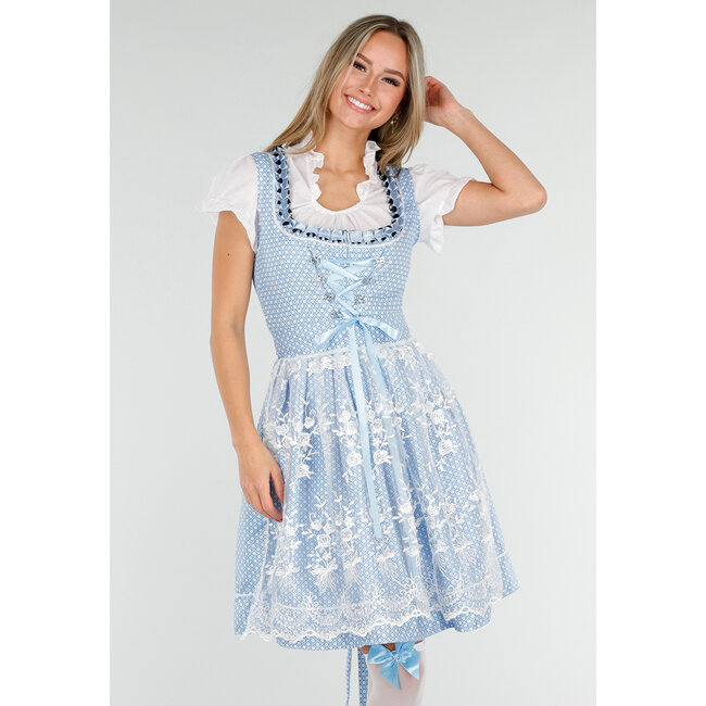 Blaues Oktoberfest-Kleid mit weißer Spitze und Schnürverschluss