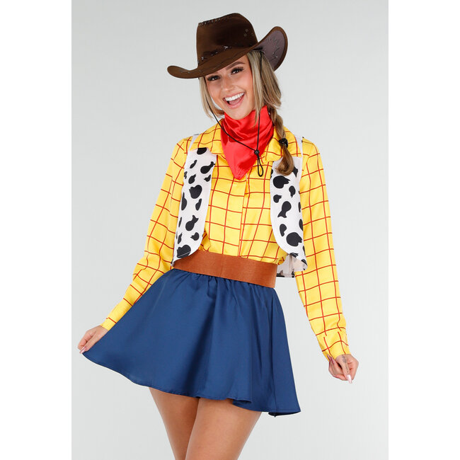 Cowgirl-Kostüm mit karierter Bluse, Weste und rotem Bandana