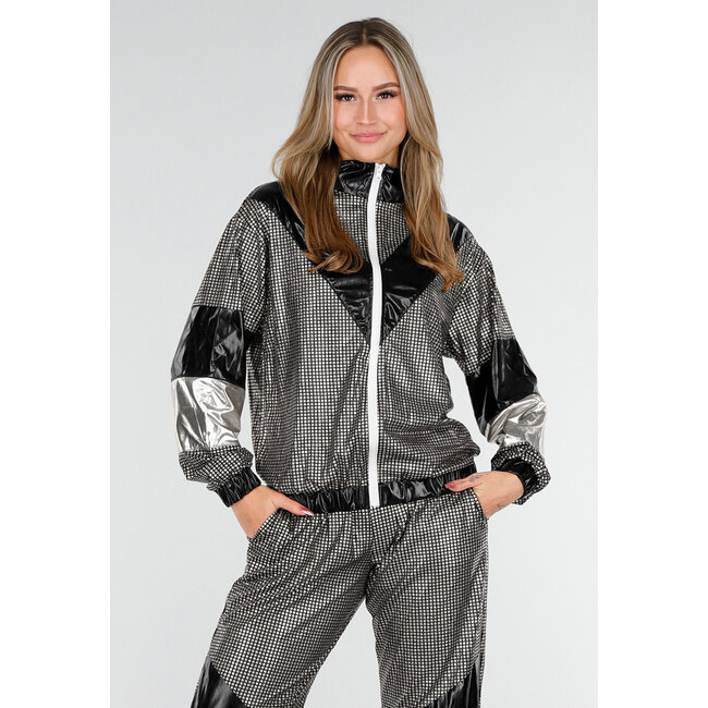 Silber-schwarzes Gabber-Anzug mit Retro-Glanz und sportlichem Stretch