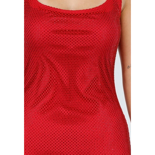 Rotes langes Glitzerkleid mit Strasssteinen und tiefem Rückenausschnitt